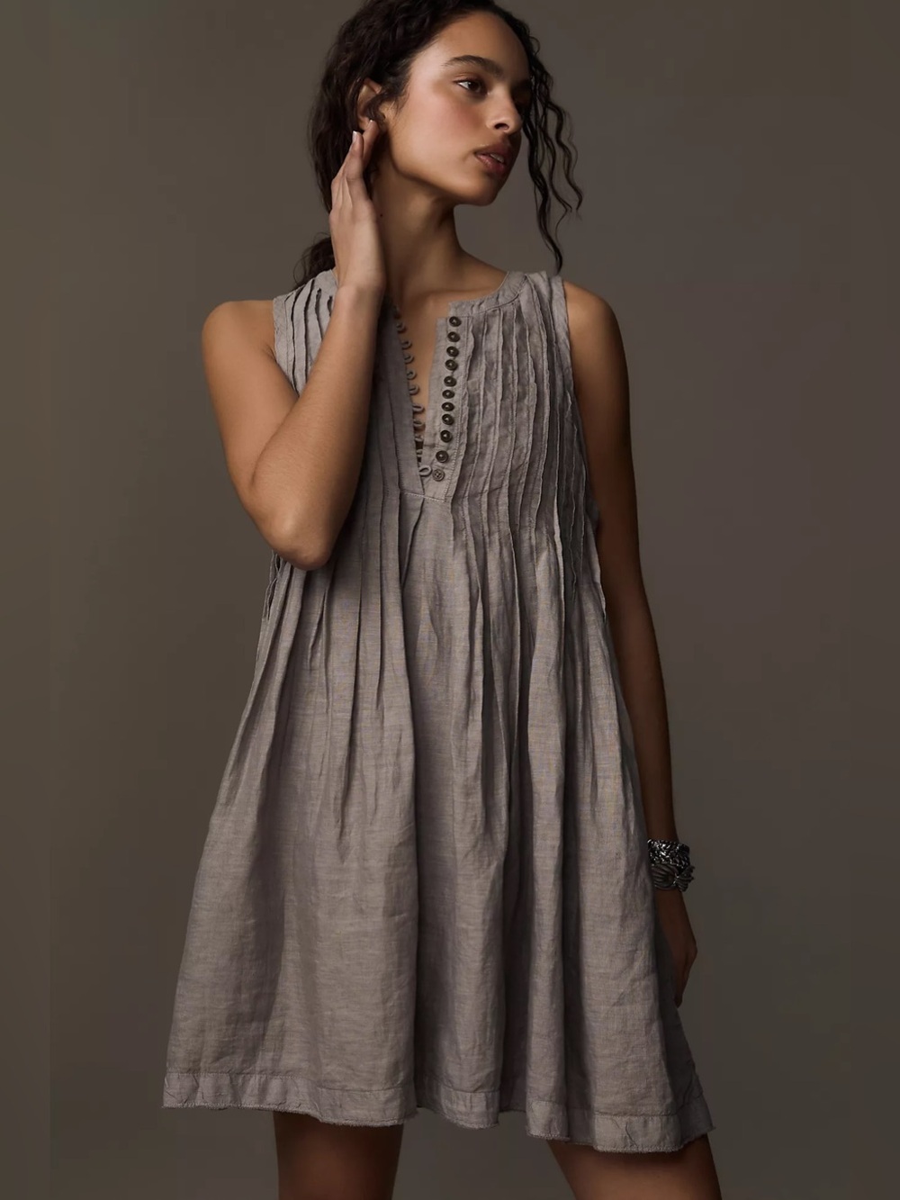 NWT By Anthropologie Linen Pleated Sleeveless Mini Dress L